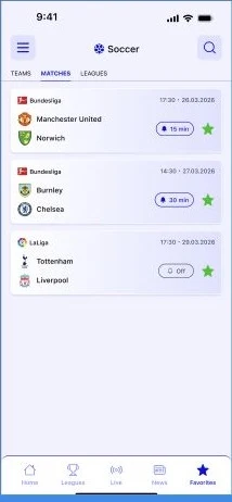 DreamScore favorite matches screen