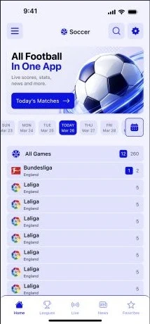 DreamScore home screen showing football matches