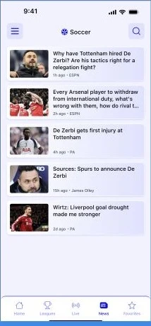 DreamScore sports news screen