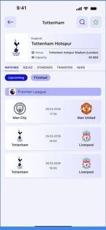 DreamScore team details screen